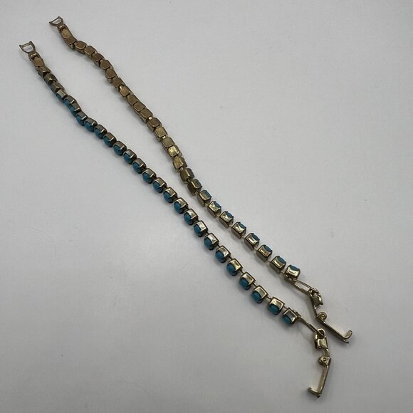 Vintage Beaded Bracelets Set of Two Cabochon Teal Stones Prong Set Gold Tone - Picture 5 of 6